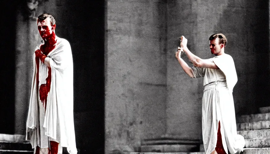 Image similar to 1 9 6 0 s movie still close - up of caligula in a white toga bleeding to death on stairs, cinestill 8 0 0 t 3 5 mm, high quality, heavy grain, high detail, dramatic light, anamorphic