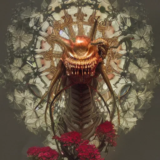 Prompt: a xenomorph made of flowers, art by artgerm and greg rutkowski and alphonse mucha, concept art, octane render, unreal engine 5, highly detailed, high quality, 8 k, soft lighting, path traced