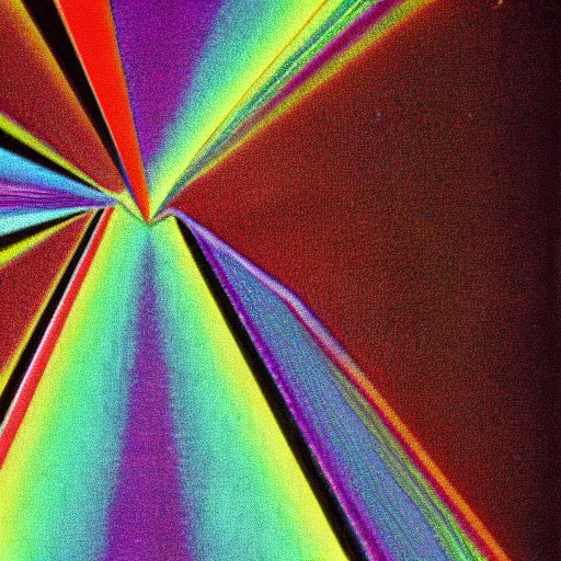 Prompt: black background, an holographic triangle transforming a single light ray into a rainbow, 1970s