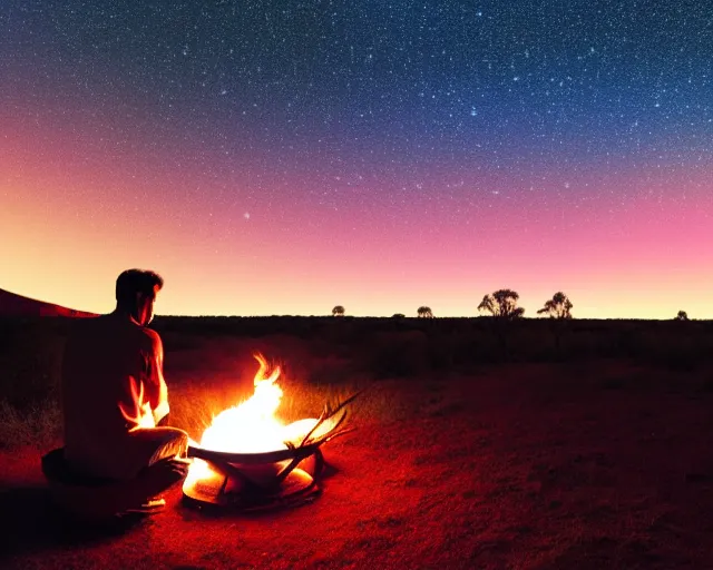 Image similar to close - up of man sitting playing medicine drum at campfire under cosmic night sky with uluru in background, global illumination radiating a glowing aura global illumination ray tracing hdr render in unreal engine 5, dramatic atmospheric volumetric lighting