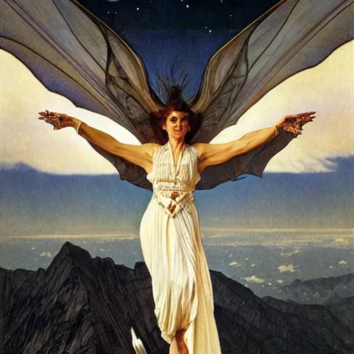 Image similar to hyper realistic white bat, flying against a dark black night sky, mountain in the background, moonlight, denoised, very detailed, painted by james gurney, alphonso mucha, norman rockwell, tom bagshaw