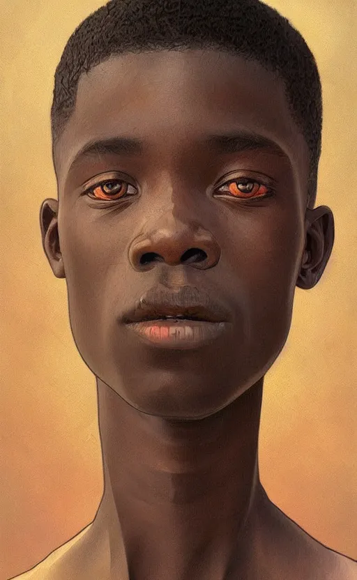 Image similar to colourful upper half portrait of an african boy, art by hsiao - ron cheng & alphonse mucha, highly detailed, digital painting, concept art, illustration, smooth sharp focus, intricate, symmetry, black backdrop, artstation,