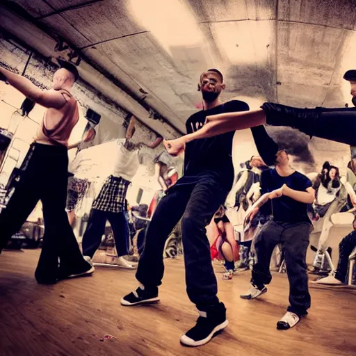 Image similar to old school breakdance party with old vibe and atmospheric environment, cypher with dancers in middle and people around them, photorealistic, fun, old school locking clothes, rock dance clothes