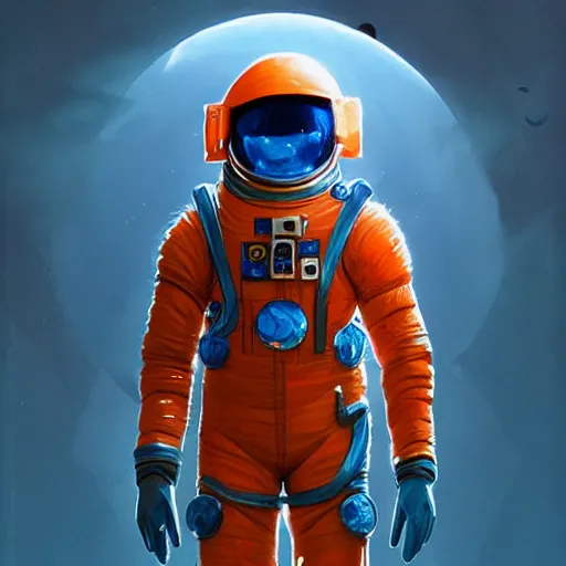 Prompt: blue helmet astronaut on a enormous orange, artstation, ultra realistic, by raphael lacoste and danny villneuve