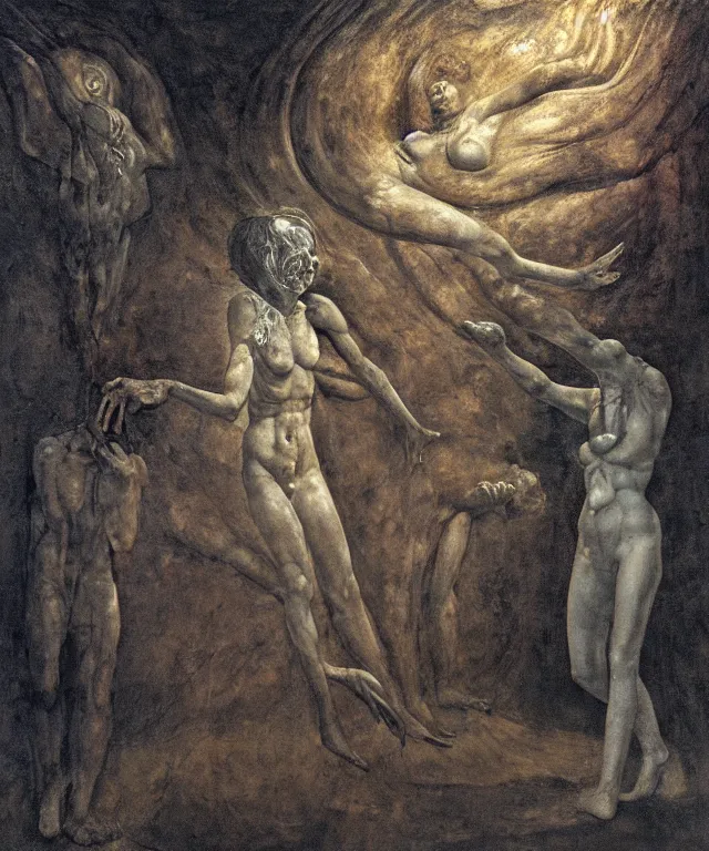 Image similar to The transparent room without doors and windows with beautiful full-body wax sculpture of the glowing transparent woman with visible golden bones inside her in the singularity where stars becoming baroque folds of dark matter by Michelangelo da Caravaggio, Nicola Samori, William Blake, Alex Grey and Beksinski, dramatic volumetric lighting, super detailed oil painting, 8k, masterpiece