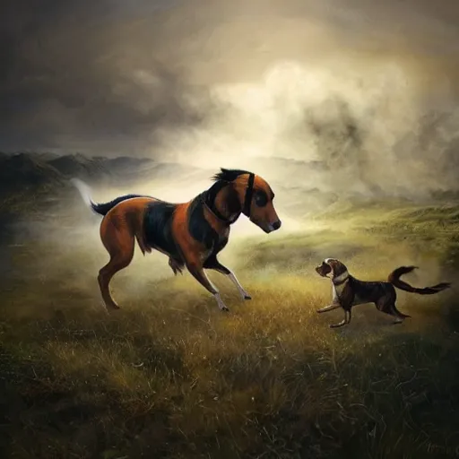 Image similar to hyperrealistic mixed media high resolution painting of a Jack Russell Terrier riding a horse into the Civil War, stunning 3d render inspired art by István Sándorfi and Greg Rutkowski and Unreal Engine, perfect symmetry, dim volumetric lighting, 8k octane beautifully detailed render, post-processing, extremely hyper-detailed, intricate, epic composition, highly detailed attributes, highly detailed atmosphere, cinematic lighting, masterpiece, trending on artstation, very very detailed, masterpiece, stunning, flawless structure, lifelike texture, perfection,