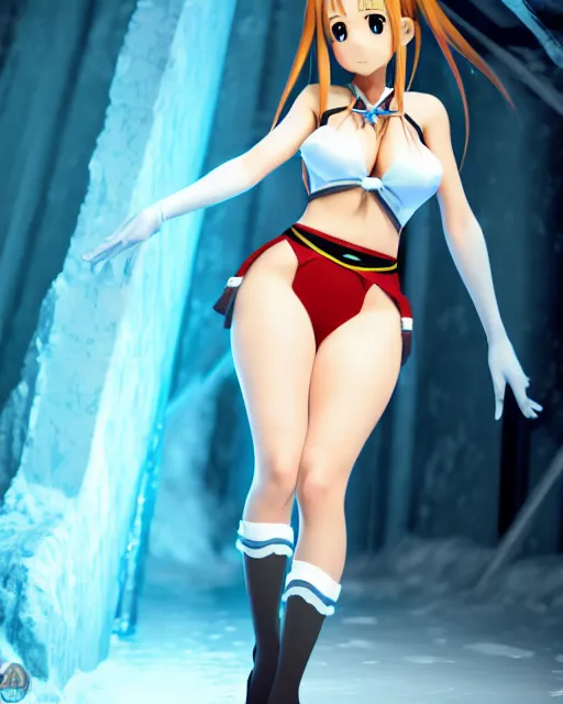 Image similar to pinup photo of asuna from sao in ice dungeon, asuna by a - 1 pictures, by gil elvgren, glossy skin, pearlescent, anime, very coherent, maxim magazine, 3 d, vray, unreal 5, octave rendey, maya, cgsociety