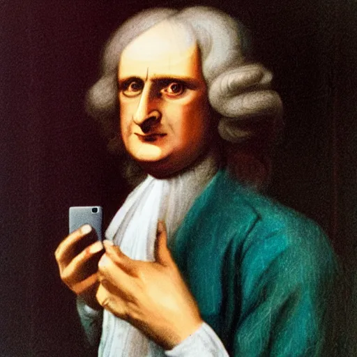 Prompt: Isaac Newton taking a selfie. CineStill