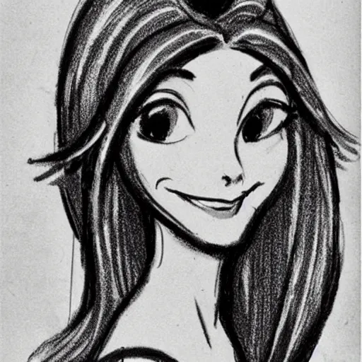 Image similar to milt kahl sketch of victoria justice as princess with hair tendrils