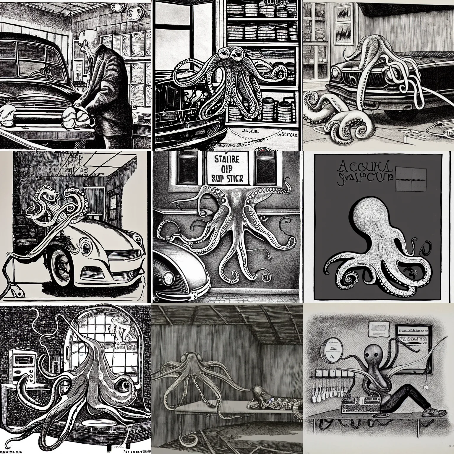 Prompt: a realistic octopus in a car repair shop, engraving, ink, edward gorey