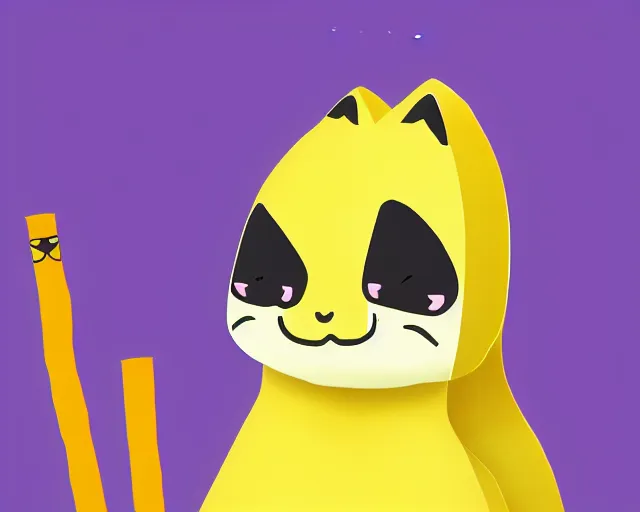 Image similar to a banana with a face of a cat and sticks as hands and legs, polygonal, high resolution, kawaii, cute, sharp focus, artstyle of anime