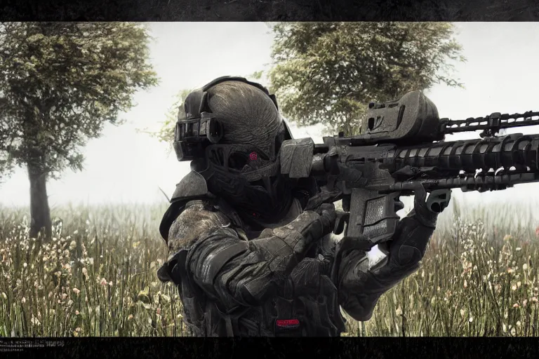 Image similar to overgrown heckler & koch mp 7 ai. octane render. substance painter painter. black, matte metal. flower field. photoreal.