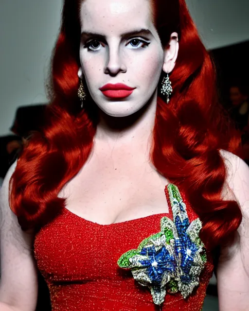 Prompt: cyborg lana del rey wearing a zuhair murad gown made from wires and beads, at new york fashion week, stunning face, lush red hair, attractive curvy physique, pale skin, portrait by carl van vechten, stage lighting, soft colors, female beauty, intricate detail, risque fashion, elegance, 3 5 mm, depth of field, masterpiece