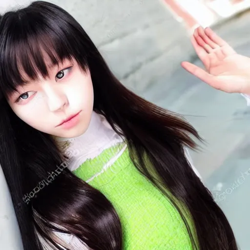 Prompt: an incredibly beautiful young Korean-German teen girl with perfect skin, dark black hear and bright green captivating eyes