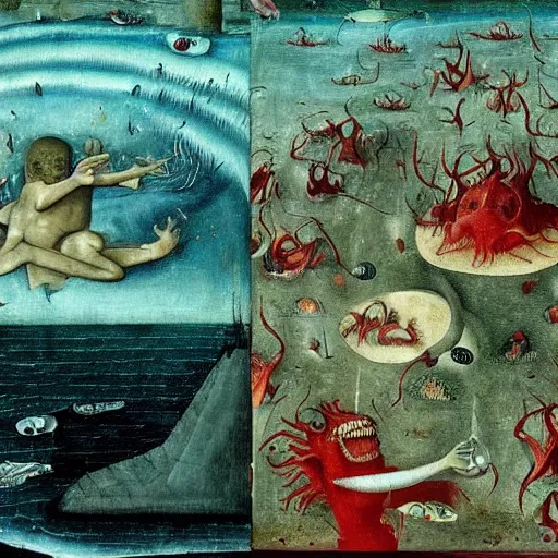 Prompt: The red reptile god is drinking the entire ocean, painting by Bosch