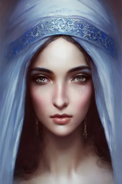 Image similar to ameera al taweel woman , bright blue eyes, wavy black hair, white veil, closeup, cinnamon skin color, elegant, highly detailed, centered, oil painting, artstation, concept art by tom bagshaw