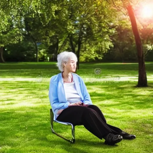 Image similar to an older woman sitting in a park wearing a thin translucent oxygen line under her nose, 4 k, stock photo