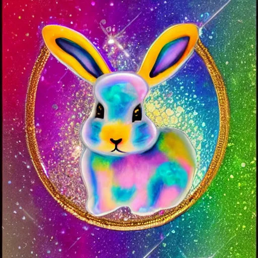 Prompt: iridescent bunny with rainbow colored crystals and gems in the king's treasury.