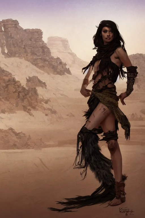 Image similar to a full body portrait of a beautiful post apocalyptic offworld desert bedouin thief savage rogue in ballet pose by the emerald oasis pools, intricate, elegant, highly detailed, digital painting, artstation, concept art, smooth, sharp focus, illustration, art by krenz cushart and artem demura and alphonse mucha