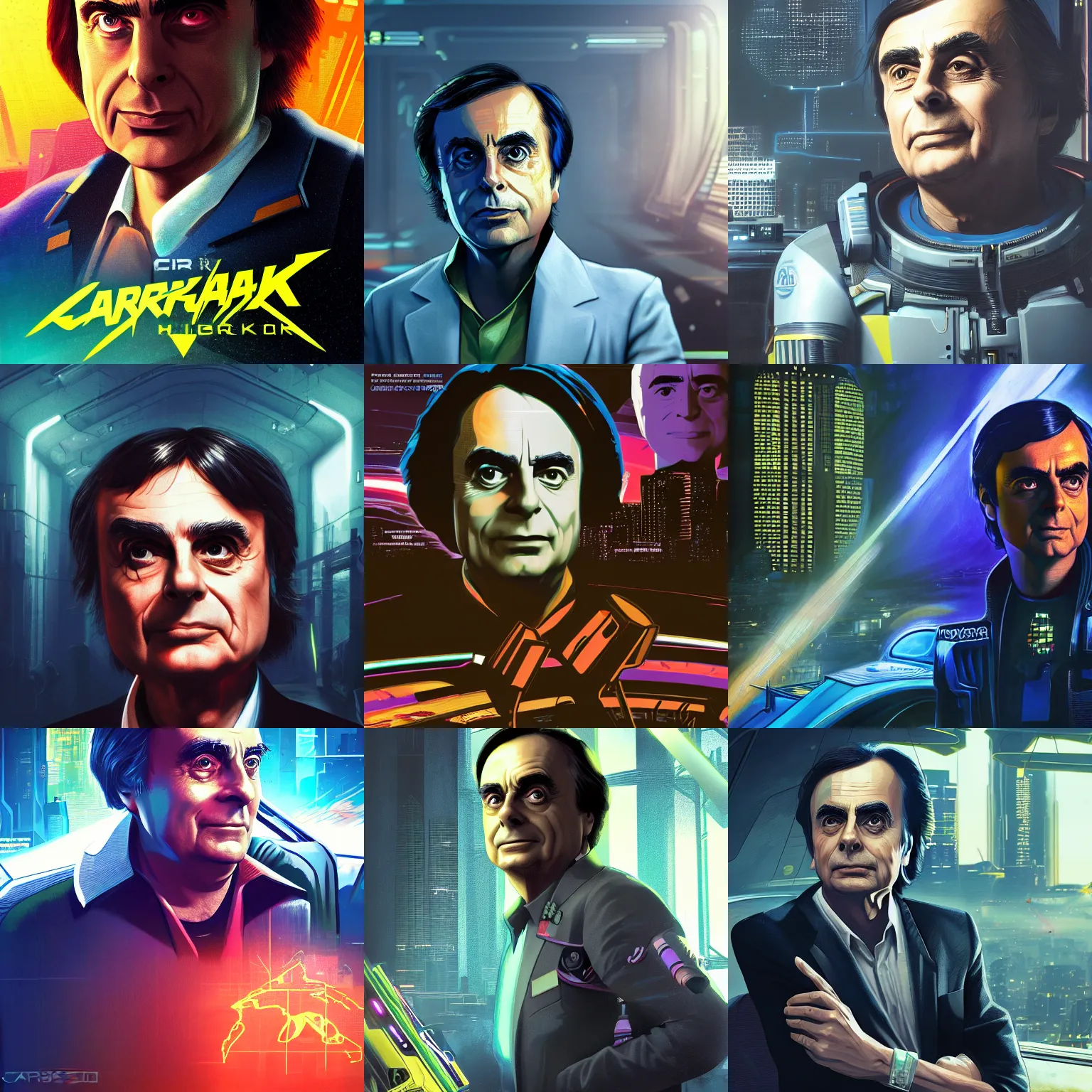 Prompt: carl sagan, leader portrait in cyberpunk 2 0 7 7 3 8 4 0 x 2 1 6 0 cosmos