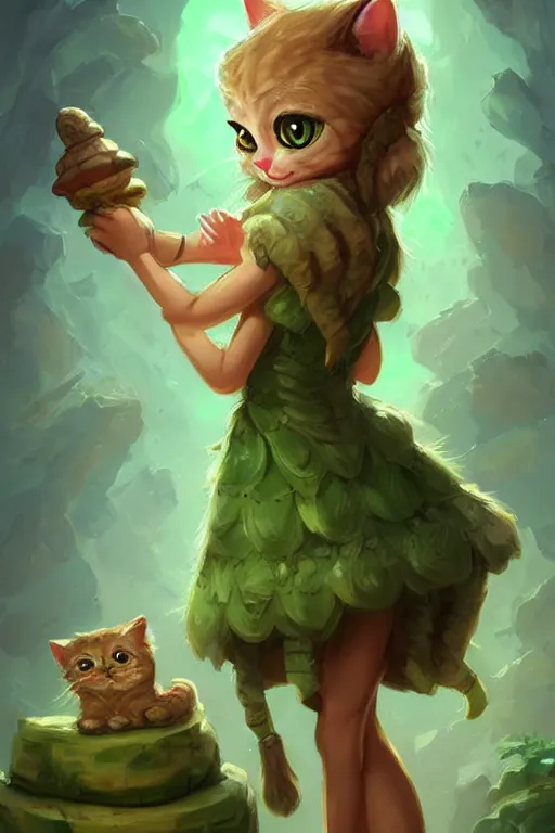 Image similar to cute little anthropomorphic Cat with big green eyes in summer dress, tiny, small, short, outfit, cute and adorable, pretty, beautiful, DnD character art portrait, matte fantasy painting, DeviantArt Artstation, by Jason Felix by Steve Argyle by Tyler Jacobson by Peter Mohrbacher, cinematic lighting