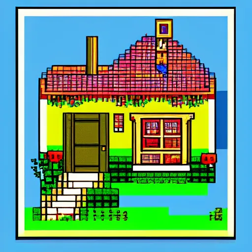 Prompt: pixel art three color pallete of a house and garden with a Python featured prominently