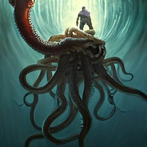 Image similar to a dream fantasy painting of a man trapped by a tentacles of a giant octopus in the deep of the ocean, by beksinki, giger, greg rutkowski, carne griffith trending on artstation, deviantart, photorealism