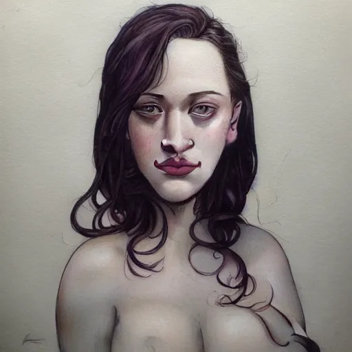 Image similar to Hyper realistic detailed portrait of Kat Dennings, Stephen Bliss, unreal engine, fantasy art by Greg Rutkowski, Loish, Rhads, ferdinand knab, Makoto Shinkai and Lois van baarle, ilya kuvshinov, rossdraws, Tom Bagshaw, alphonse mucha, global illumination, radiant light, detailed and intricate environment, highly detailed, award winning art