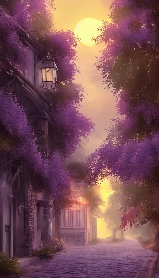 Image similar to landscape of a beautiful street full of wysteria, purple lighting, sunset, dusk. old houses by the road. hyper detailed, artstation cgsociety, 8 k