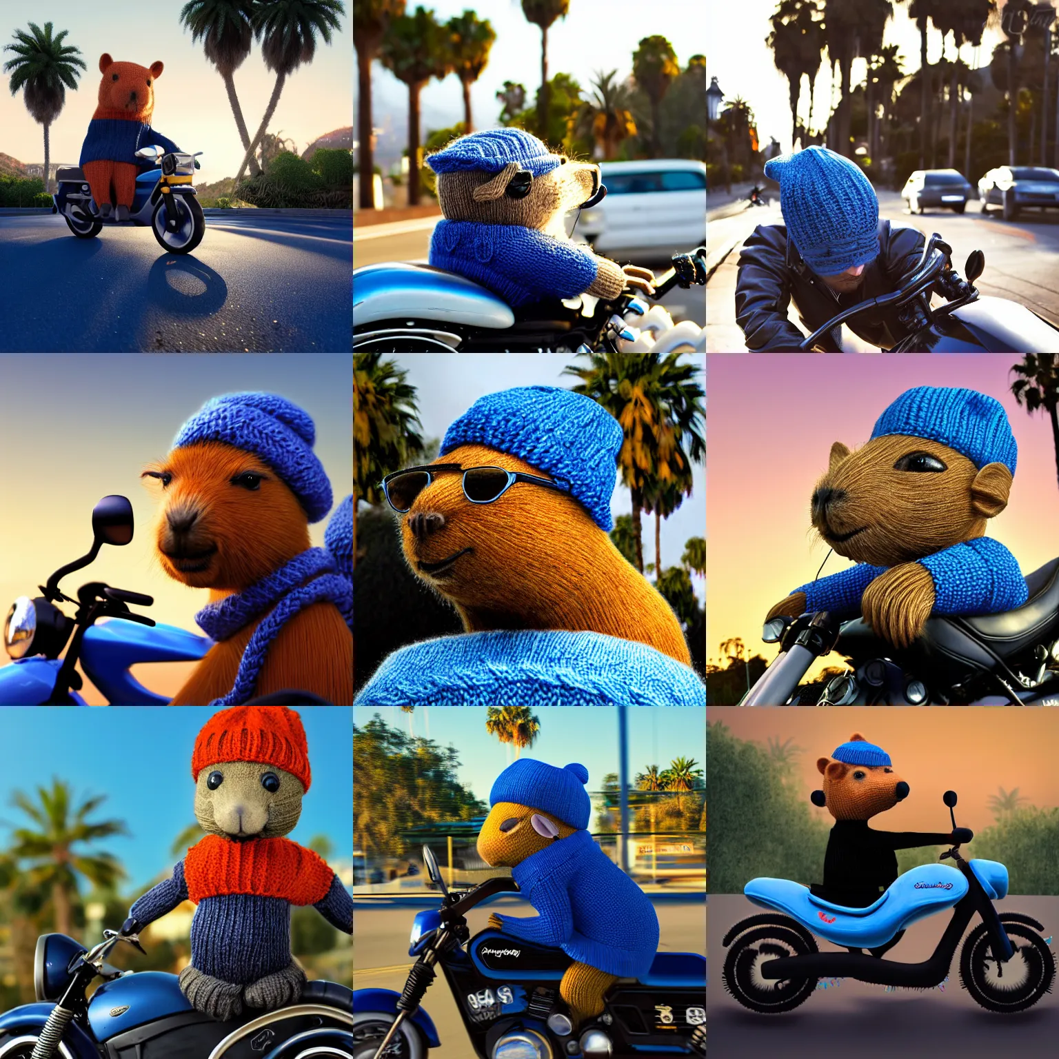 Prompt: a photorealistic photograph of a knitted cute Capybara wearing sunglasses and dressed in a blue beanie cap riding on a black motorcycle in Hollywood at dusk. Palm trees in the background. This 4K HD image is Trending on Artstation, featured on Behance, well-rendered, extra crisp, features intricate detail and the style of Unreal Engine.