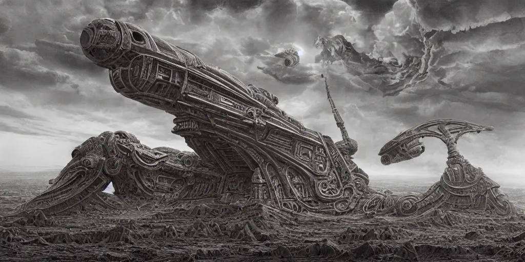 Image similar to a large ominous and geometric very ornate and detailed spaceship, lots of shapes intertwined very large and long floating over a barren dry land with an epic cloud formation on the background by HR GIger, Dariusz Zawadzki, Zdzisław Beksiński, gustave doré, zhuoxin ye, very detailed, octane render, 8k, scary and brooding, scary and dark, canon 24mm lens