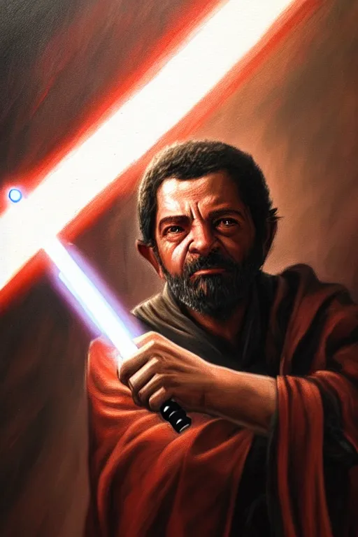 Prompt: breathtaking detailed concept art painting of a jedi luis inacio lula da silva holding a lightsaber, exquisite detail, extremely moody lighting, 8 k