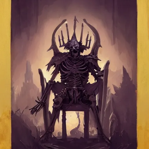 Image similar to Skeleton King, knight, resting on his throne, oil painting, by Fernanda Suarez and Greg Rutkowski