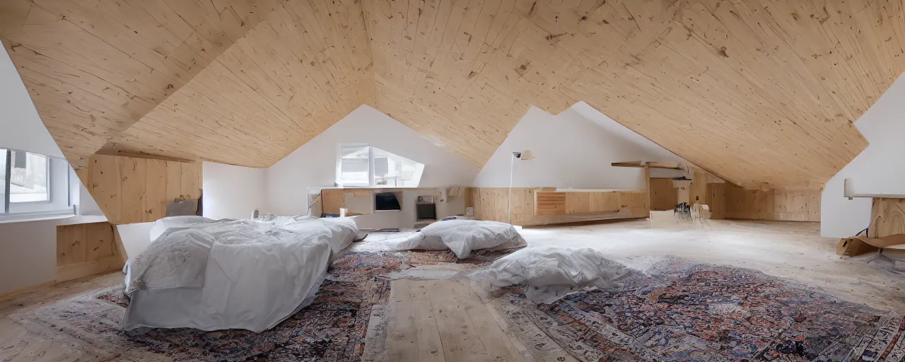 Image similar to 1.7 metre low attic, with matte white angled ceiling, with 2 windows opposing each other, with a large square window in the back right corner of the room, with exquisite turkish and persian rugs on the polished plywood floor, XF IQ4, 150MP, 50mm, F1.4, ISO 200, 1/160s, natural light