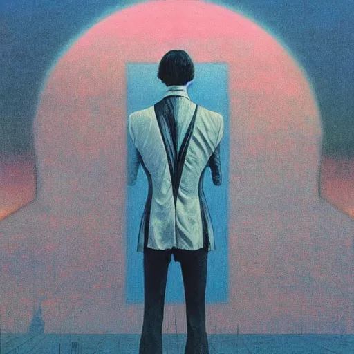 Prompt: a man in black suit, white city, clear blue sky, pink floyd album cover, 1 9 7 0's, by beksinski, bruegel, greg rutkowski, alphonse mucha, and yoshitaka amano, colorful flat surreal design, hd, 8 k, artstation