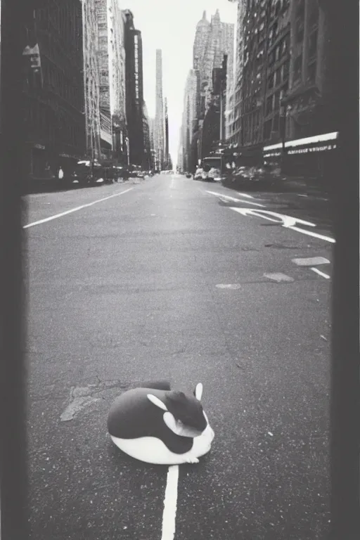 Prompt: photo polaroid of a raichu in the middle of a New York street, loneliness, war, black and white ,photorealistic, 35mm film,