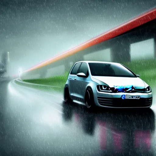 Image similar to vw golf gti speeding down a rain - soaked highway highly detailed, digital painting, concept art, sharp focus, by makoto shinkai