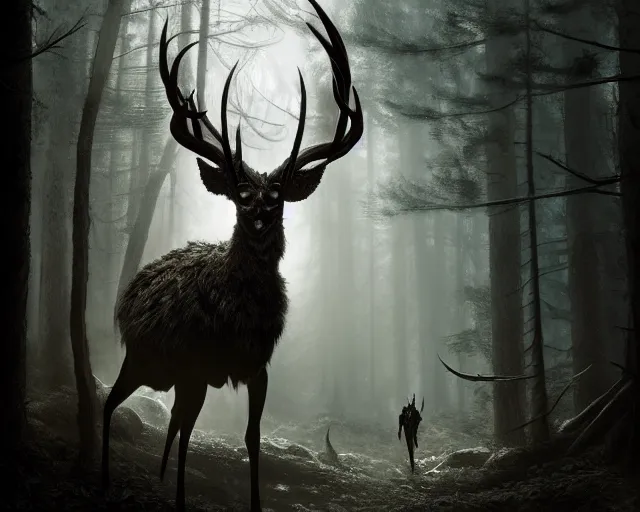 Image similar to 5 5 mm portrait photo of an armored demonic undead deer with antlers, in a magical forest looking at the camera. dark atmosphere. art by greg rutkowski and luis royo. highly detailed 8 k. intricate. lifelike. soft light. nikon d 8 5 0.