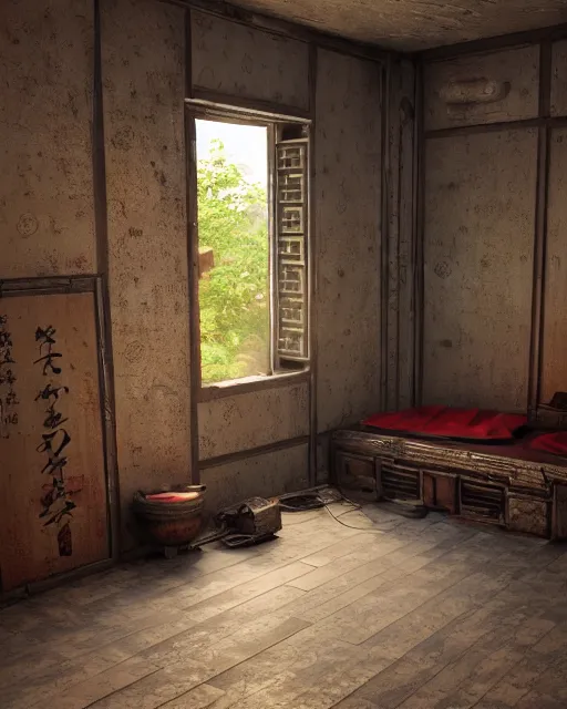 Image similar to artstation scifi scene of a shabby chinese rural room, earth kang, wooden bookcasesmall lotus shrine beds, paneled walls, unreal engine 5, hyper realism, realistic shading, cinematic composition, blender render, octane render, hdr, detailed textures, photorealistic, wide shot