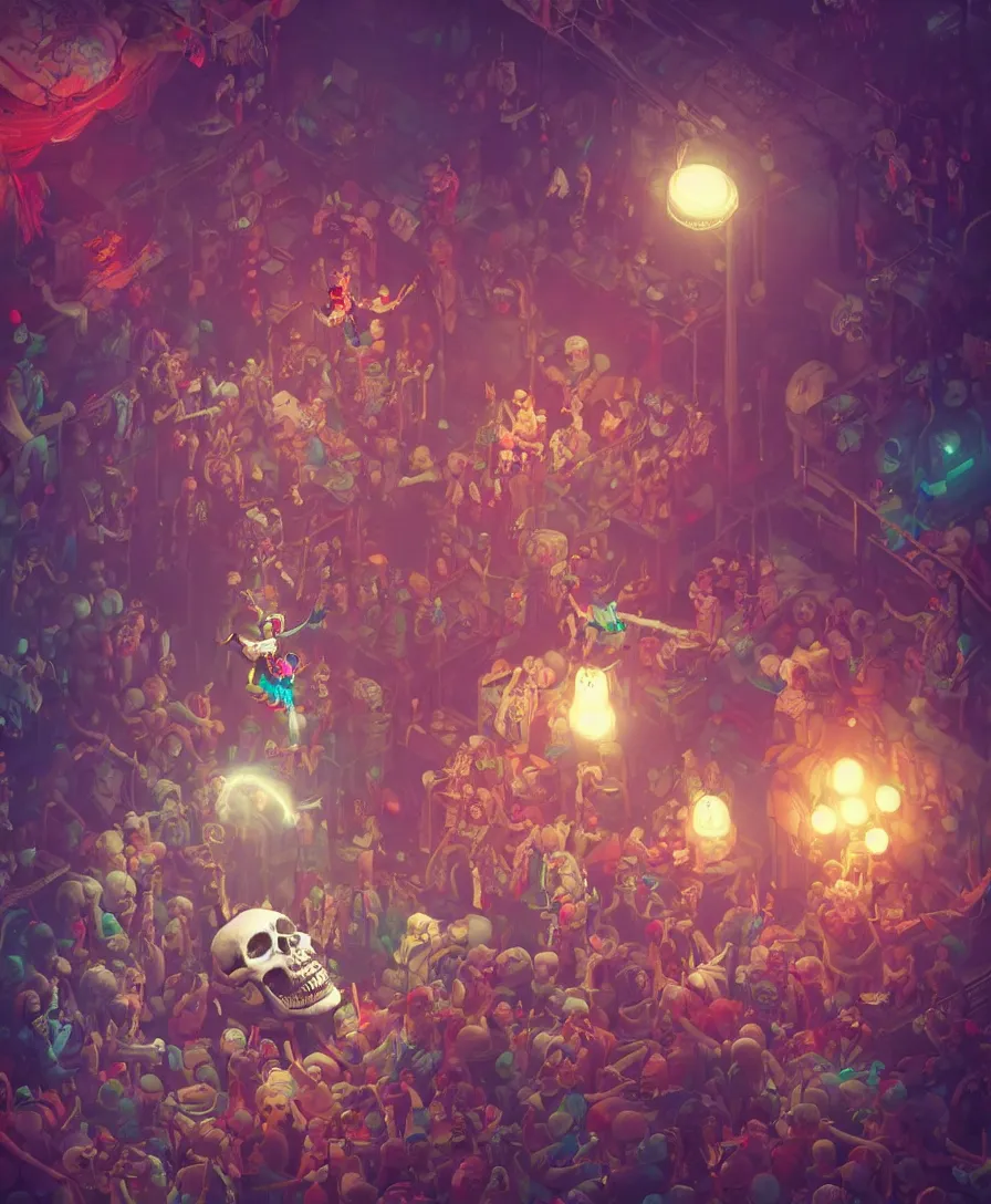 Prompt: skull clown inside a circus, cinematic lighting, 8k, artstation, octane render, cinematic, hyper realism, 8k, depth of field, art by Tooth Wu and wlop and beeple and dan mumford and greg rutkowski, artstation, concept art, illustration, vibrant colors