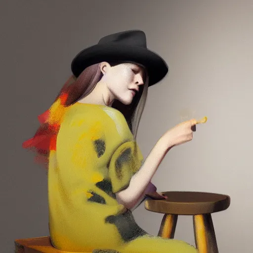 Image similar to a girl wearing a red fedora hat singing in a studio, sitting on a stool, extremely detailed digital painting, in the style of alyssa monks, andrey lekarski and istvan sandorfi, predominant colors are black and yellow, rim light, beautiful lighting, 8 k, raytracing, octane, trending on artstation