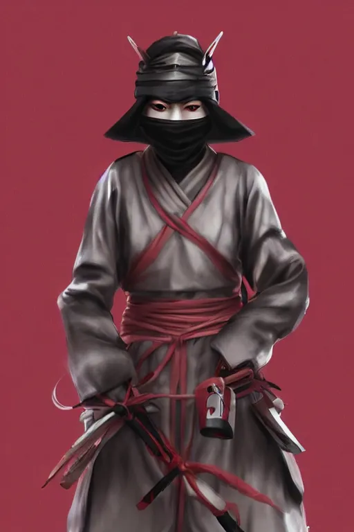 Prompt: figure native japanese woman dressed like shinobi ninja, rich drapery, focused stare, partially masked, highly detailed, painted by yasumtomo oka, hyperrealistic render, character design, red background, cinematic lighting