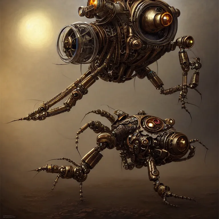 Image similar to steampunk robot ant, unreal engine realistic render, 8 k, micro detail, intricate, elegant, highly detailed, centered, digital painting, artstation, smooth, sharp focus, illustration, artgerm, tomasz alen kopera, peter mohrbacher, donato giancola, joseph christian leyendecker, wlop, boris vallejo