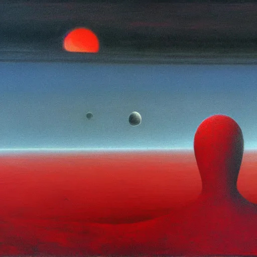 Prompt: long shot of among us red armless astronaut space ship in the background, amogus, art by zdzislav beksinski, high quality, dark hues, higly detailed, oil painting