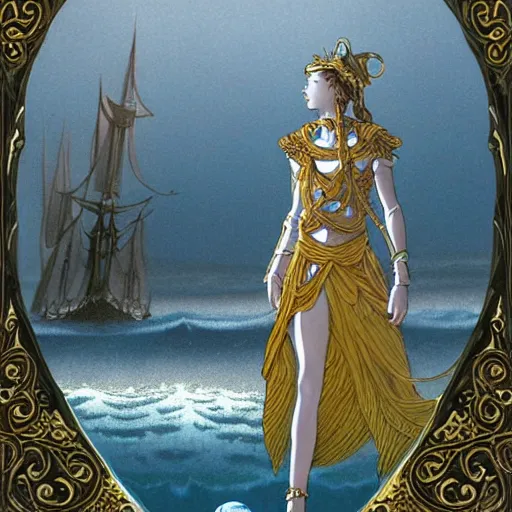 Prompt: high fantasy concept art matte painting by, james jean, charles vess of teenage african female dressed in long gold silk robes with ornate patterned stitching and a metallic teal headband, silver sandals stands on a tall ships sailing boat, rough seas and silver buildings she carries a silver ball with a thin long silver chain attached to it