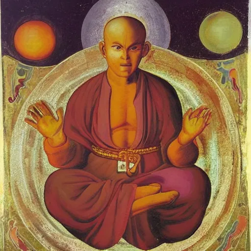 Image similar to a monk with four hands holding two orbs, divine, colorfull