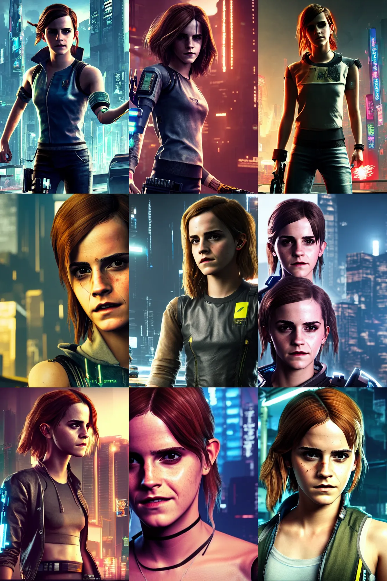 Prompt: Emma Watson in Cyberpunk 2077. In game render
