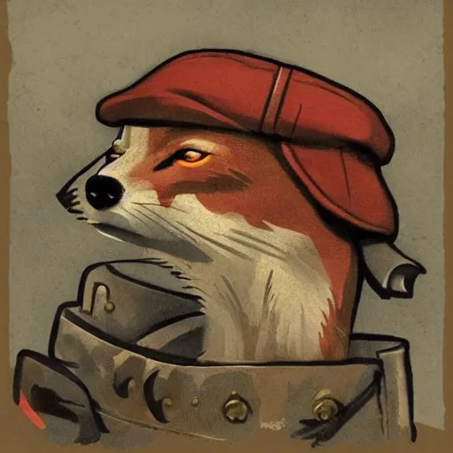 Image similar to 8k UHD, painting in the style of WW1 propaganda, trending on artstation: (subject = anthropomorphic fox soldier resting in a trench + subject detail = fox head, anthropomorphic, high detail, high texture detail)