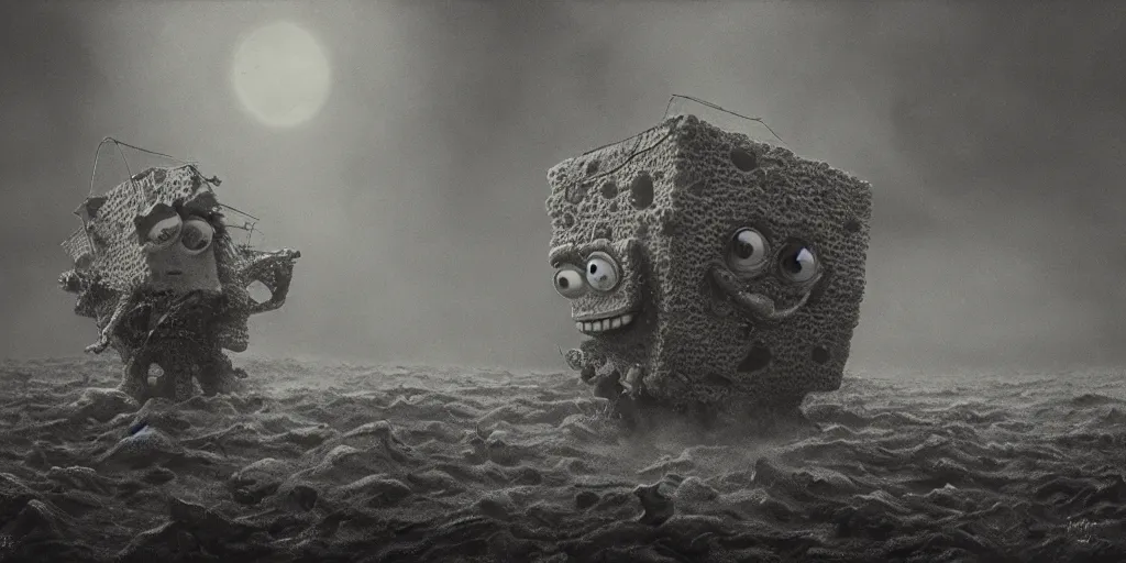 Prompt: spongebob drawn by beksinski, realistic 4 k octane beautifully detailed render, 4 k post - processing, highly detailed, intricate complexity, epic composition, magical atmosphere, cinematic lighting, masterpiece, ultra hd