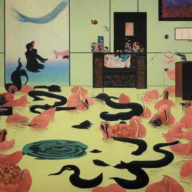 Prompt: emo artist in her flooded lounge room, painting of flood waters inside an artist's loungeroom, a river flooding indoors, pomegranates, pigs, ikebana, zen, water, octopus, river, rapids, waterfall, black swans, canoe, berries, acrylic on canvas, surrealist, by magritte and monet